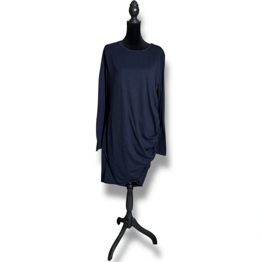 Unbranded Chic Long Sleeve Navy Side Rouching Crewneck Bodycon Midi Dress